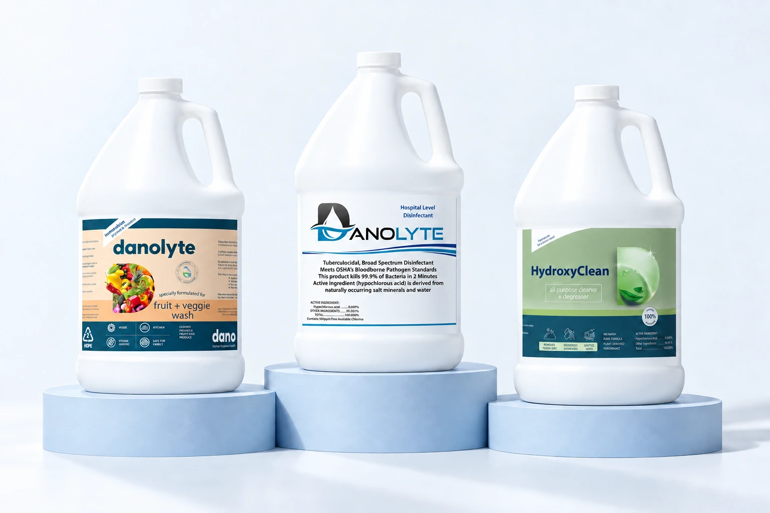 Concept studio arrangement of Danolyte Disinfectant, Fruit and Veggie Wash, and HydroxyClean